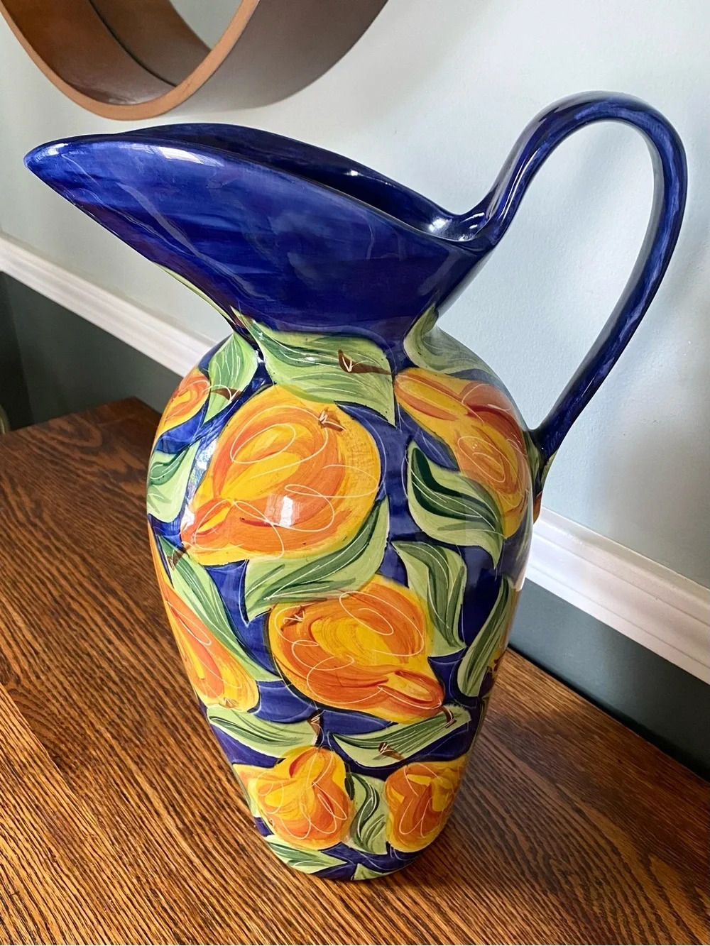 Vintage 90s Large Hand Painted Ceramic Vase / Jug Fruit Motif Blue Orange
